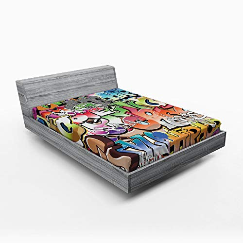 ABAKUHAUS urban Graffiti Spannbetttuch, Blockbuster Schlagwörter, Soft Dekorativer Stoff Bettwäsche Rund-um Elastischer Gummizug, 160 x 200 cm, Grün Orange