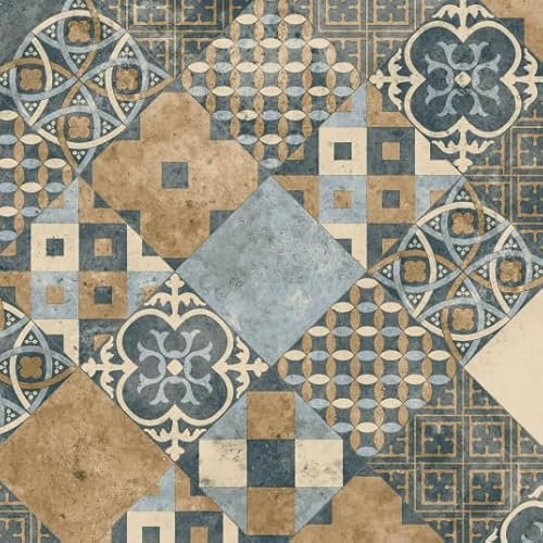 Sol PVC Best - Carreaux Art Déco - Terre de Sienne et Bleu Gris - Rouleau de 2m x 4m