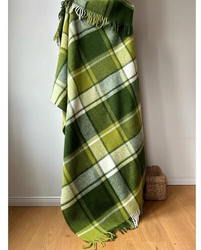 JOWOLLINA 100% Lammwolle Wolldecke Plaid Karo Schottenmuster Tartan (Multi Grün, 150x205 cm)