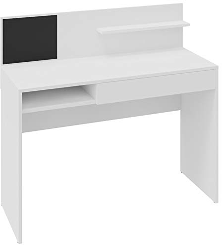 MATKAM Schreibtisch Magnet H 103 (H 76 Tischplatte) x B 110 x T 50 cm, laminierte Möbelplatte, Schublade, Ablagefach, eine Schutzwand mit kleinem Ablageregal (Weiß)