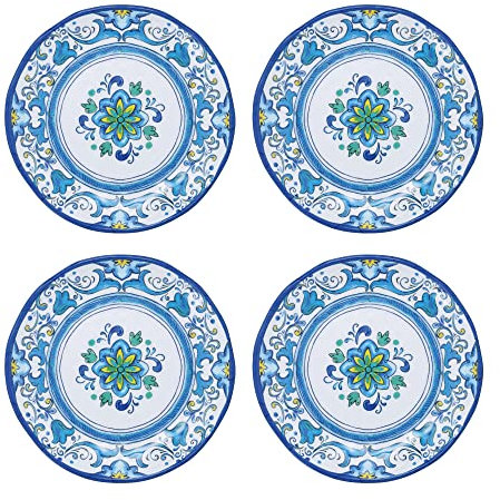 UPware Blue Floral Melamine Round Dessert Plates, Small Serving Plates, for Appetizer, Snacks, and Side Dishes, Blue, 6 Inch, Set of 4