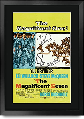 HWC Trading FR A3 The Magnificent Seven Yul Brynner, Steve Mcqueen Gifts Gedrucktes Poster, signiertes Autogramm für Film-Fans, A3 gerahmt