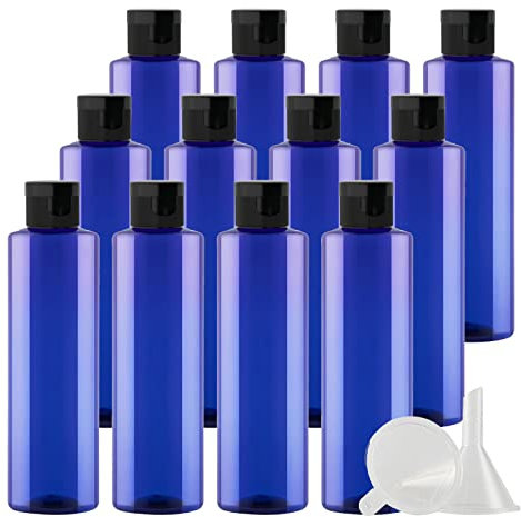 ZEOABSY 12 Pièces 250 ML Bleu Bouteille en Plastique avec Bouchon à Charnière Noir, Épaule Plate Vider Bouteille Ronde en PET de Voyage pour Cosmétiques Liquides