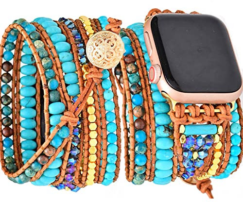 Somesame Kompatibel mit Apple Watch-Armband, 49 mm, 45 mm, 44 mm, 42 mm, Boho-Perlen-Armbändern, mehrlagig, natürliche Perlen, handgefertigt, 5, Blau
