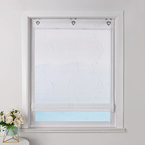 ESLIR Raffrollo ohne Bohren Weiß Raffgardine mit Ösen Transparent Gardinen mit U-Haken Ösenrollo Modern Bestickt Weiß BxH 100x140cm 1 Stück