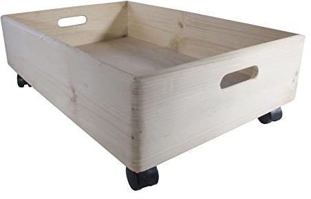 WooDeeDoo Extra Large Underbed Shallow Storage Crate Box With Wheels | 60 x 40 x 18.5 cm | Untreated Paintable Pine | No Lid Crate Container Organiser