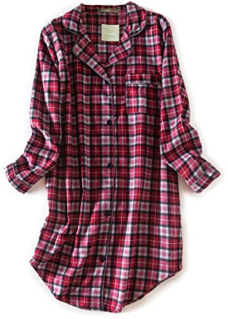 CHUNG Chemise de Nuit à Manches Longues Boutonnée pour Femme - Pyjama à Carreaux en Flanelle et Coton