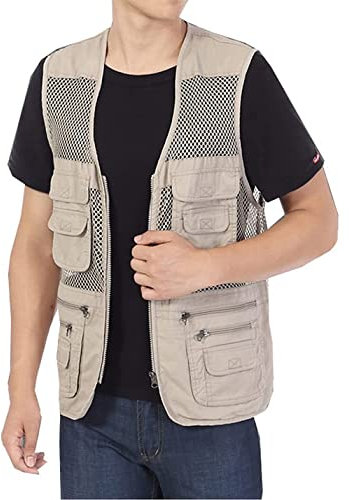 Sukany Men's Summer Safari Fishing Utility Vest Outdoor Mesh Work Photography Travel Hiking Multi-Pockets Waistcoat Jacket Khaki L