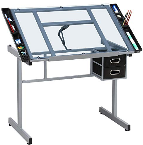 Abician Table à Dessin Inclinable avec 2 Tiroirs Bureau à Dessin Réglable en Hauteur avec Grand Plan de Travail Relevable 0°-60° Bureau pour Peintres/Architectes/Ingénieurs/Illustrateurs Noir