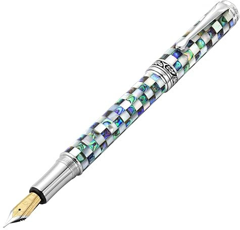 Xezo Maestro Jubilee Fountain Pen, Fine/Extra Fine Nib. Checkered Oceanic White Mother of Pearl and Iridescent Pāua Abalone Shell. Limited Edition, Only 223 Pieces Made. No Two Pens Alike