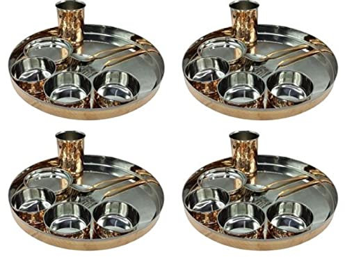 USA Deals 365 Traditional copper and steel Indian Thali Set Handmade Copper Hammered Dinnerware Set Ayurveda Health Benefit Lunch/Dinner Serving Plate Set for Home Hotel Restaurant (08 Pcs) (04 Pcs)