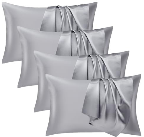 Seiwohl 4 Stück Satin Kissenbezug 40 x 80, Weich wie Seidenkissenbezug Silk Pillowcase, Vegane Seide Kopfkissenbezug Kissenhülle Seidenkopfkissen Kopfkissen bezug für Haar und Haut, Grau