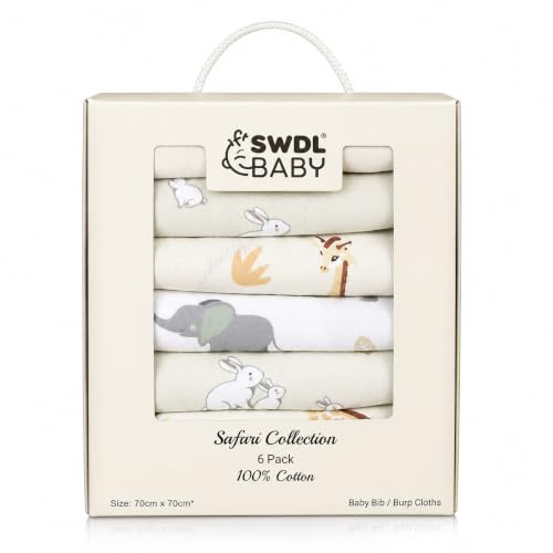 SWDL® Muslin Cloths for Baby - 100% Cotton Muslin Squares (Pack of 6, 70 x 70 cm) | Soft, Absorbent & Breathable | Perfect as Baby Bibs & Burp Cloths | Safari Collection