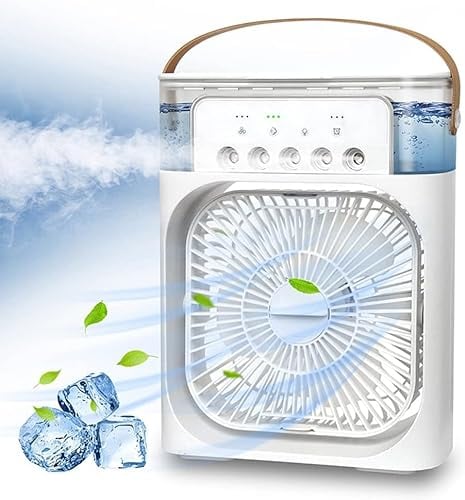 Portable Air Conditioner Fan, 4 in 1 Personal Mini Cooling Fan with Water Mist Spray, 3 Speeds Evaporative Air Cooler Small Aircon Humidifier Water Fan Spray Mist Desk Fan for Home Office Room (White)