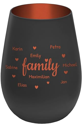 Windlicht mit Gravur Family - personalisierbar mit Namen - Außen Schwarz/Innen Bronze - Höhe 12 cm - Teelichthalter Kerzenhalter Vornamen Familienmitglieder