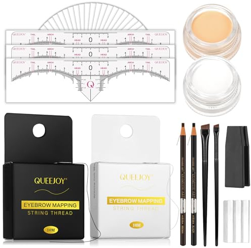 QUEEJOY Brow Mapping Kit includes 10m X Black&White Mapping String, 50pcs Eyebrow Ruler Stickers,White and Light Beige Brow Concealer & 2 Brow Brushes, Eyebrow Pencil Razor Sharpener and Instruction