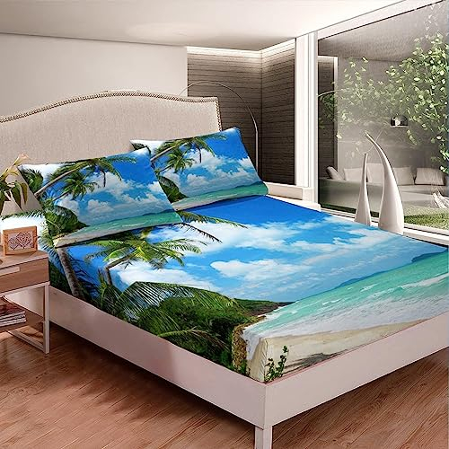 Tropisches Spannbettlaken 120x200 cm, Mikrofaser Bettlaken für Kinder Erwachsene, Boxspringbett Spannbetttuch bis 30 cm Matratzenhöhe, 3D Hawaii Bettlaken 120 x 200 Mit 1 x Kissenbezügen,A2614