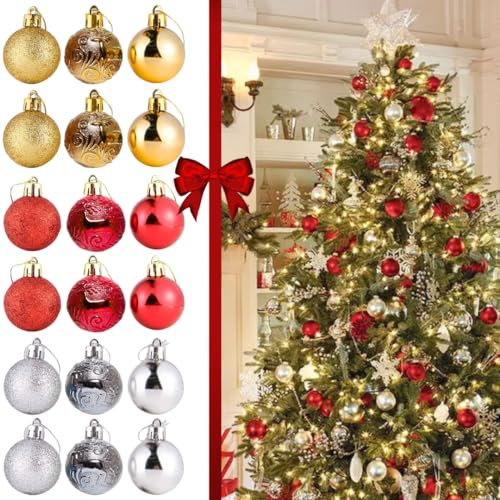 NARAMAKI® Weihnachtskugeln 36 Stück à 4 cm - 6 Packungen mit 6 Kugeln rot silber gold - glänzende Kugeln - verziert - Glitzer - Christbaumschmuck