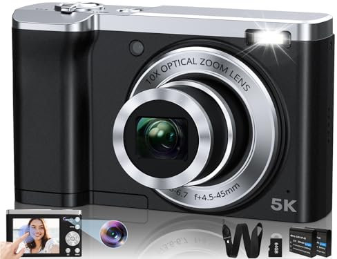 5K Digital Camera 2024 Newest 56MP Cameras for Photography Autofocus,10X Optical Zoom Vlogging Compact Camera with Front and Rear Camera,6-Axis Anti-Shake,Touch Screen with 64GB SD Card,2 Batteries