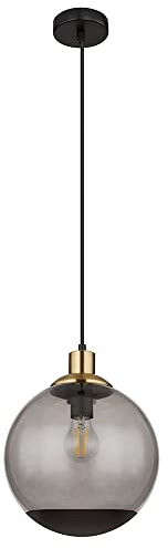 Hängelampe Glas modern Pendelleuchte Rauchglas Hängeleuchte schwarz, Metall Glaskugel messing Retro, 1x E27 Fassung, DxH 25x120cm