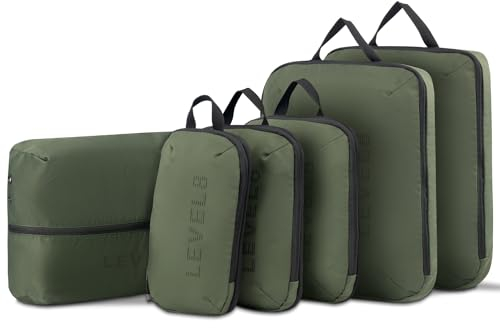 LEVEL8 Packing Cubes Set 6-teilig Erweiterbar,Koffer Organizer Kleidertaschen mit Reißverschluss,Packwürfel mit Kompression,Grün