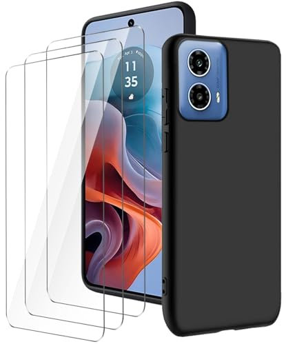 LYZXMY case for Motorola Moto G34 5G(6.5) Black mobile phone case + 3 pieces tempered glass protective film, case soft silicone TPU protective cover