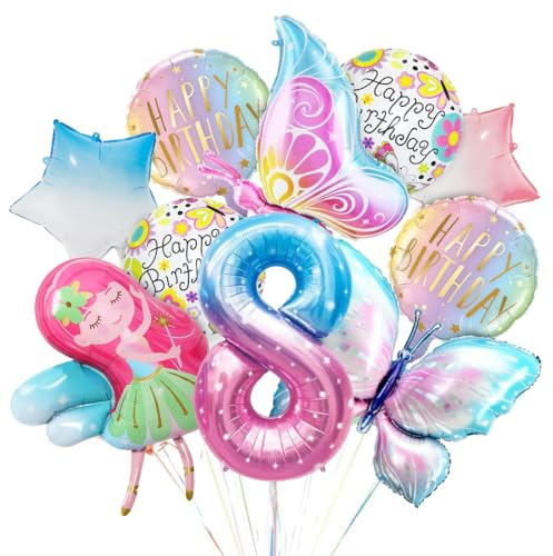 Geburtstag Deko Schmetterling, Bunt Schmetterling Folienballon, 8 Jahre Geburtstagsdeko, Zahl 8 Rosa Mädchen Ballon, Luftballon 8. Geburtstag Mädchen für Kinder Schmetterling Themen Geburtstag Party