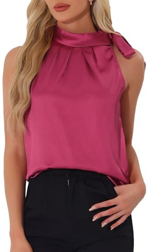 Allegra K Chemisier en Satin Femme sans Manches Col à Nouer Haut de Travail Débardeur Élégant pour Bureau Rose Vif S