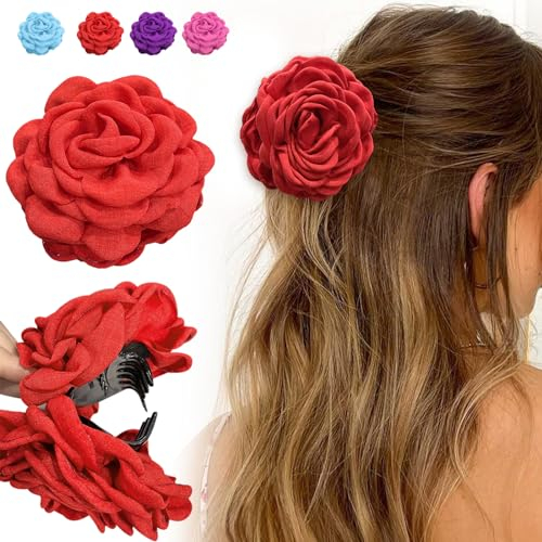 Große Rose Blumen Haarspangen, Haarclip Blume Mehrfarbig, Flower Hair Clips für Frauen Mädchen, (Rot,Ca.12cm)