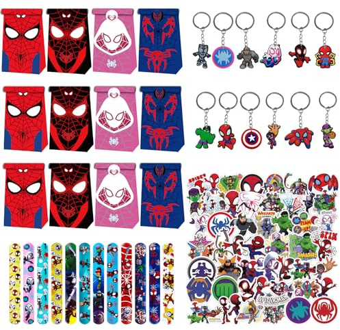 Set regalo da 86 pezzi Spiderman, Spiderman e i suoi amici, 12 sacchetti regalo, 50 adesivi Spiderman, 12 nastri slavi, 12 portachiavi, regalo di compleanno per bambini