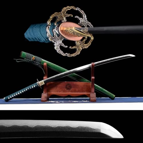 Authentisches handgefertigtes Samurai-Schwert,103 cm Lange Katana-Klinge aus Utz-Stahl,bemalte Holzscheide mit Hornverzierung,Geschnitzte Handschützer aus reinem Kupfer und vergoldetem Silber