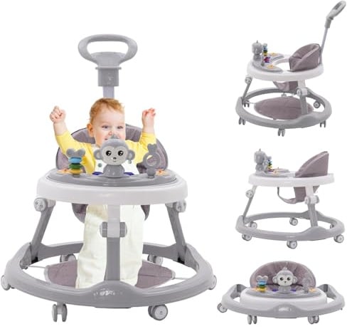 Lauflernhilfe Babywalker 5in1,mit Musikalisches Spielzeug und Herausnehmbarem Essteller,360-Grad-Rädern ohne Geräuschentwicklung,Faltbare Lauflernwagen Laufhilfe babys ab 0+ Klappbar Grau