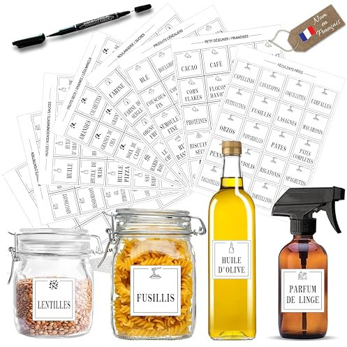 Étiquettes Garde-Manger Français – 160 Stickers Carrés Blancs Autocollants – Produits Secs & Entretien – Marqueur Noir Double Pointe Inclus – Cuisine Organisée