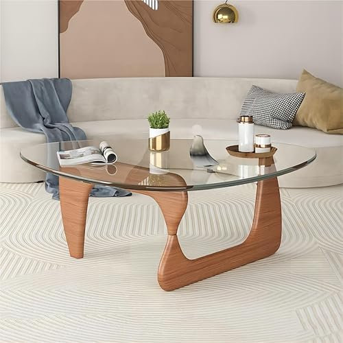 Table basse triangulaire en verre, table d'appoint moderne, tables centrales pour le salon, table basse du milieu du siècle avec base en chêne et plateau en verre transparent trempé (couleur : verre