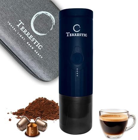 Terrestic Máquina de café expreso portátil eléctrica + funda protectora de viaje rígida (azul mate)