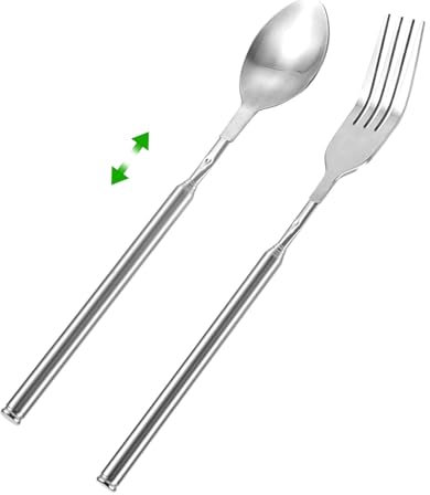 Xiciki Cuchara de tenedor extensible, tenedor y cuchara telescópica de acero inoxidable, cucharas retráctiles para cena, cuchara extensible que se extiende hasta 25 pulgadas para barbacoa y fruta