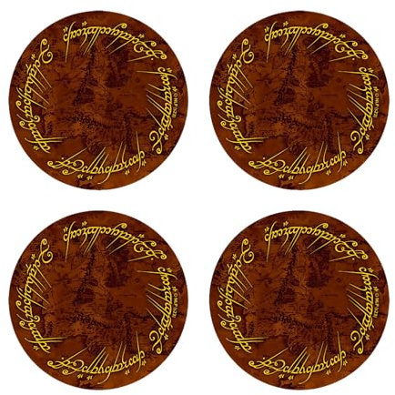 Elbenwald Set de 4 sous-Verres avec Design du Seigneur des Anneaux - l'anneau Unique - Idée Cadeau - sous-Verres Ronds ⌀ 10 cm - pour Tous Types de Tasses - Multicolore - Liège, Plastique