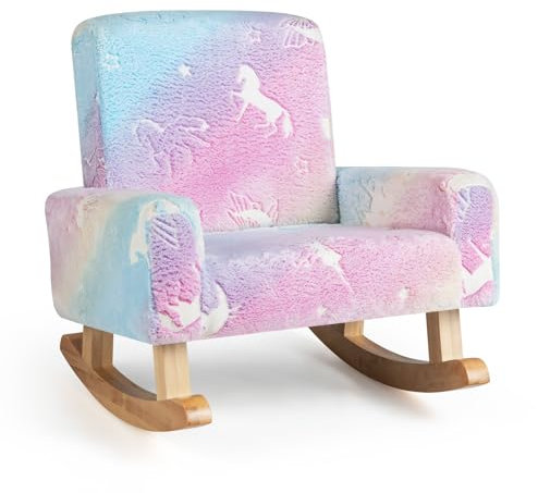 HOMFME Fauteuil a Bascule Lumineux pour Enfant, Fauteuil Enfant en Flanelle avec Motifs Mignons, Pieds en Bois Peuplier et Siège Confortable, 49 x 56 x 50 CM, Charge 45 KG, pour Enfant 3-5 Ans