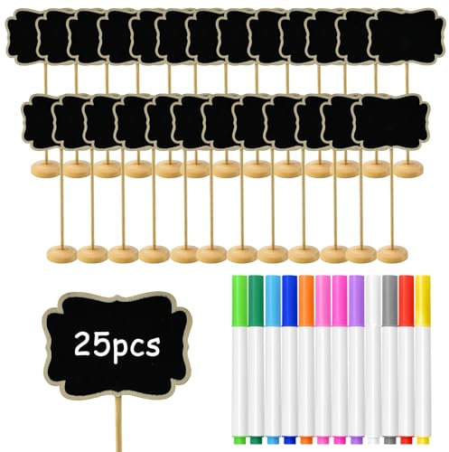 YBCCBY 25 Stück Kreidetafel mit Ständer Mini Tafeln zum Beschriften Holzschilder Nachrichtentafel Klein Tischtafel Tischaufsteller Memotafel Holz Anzeigetafel Preisschilder für Hochzeit Partys