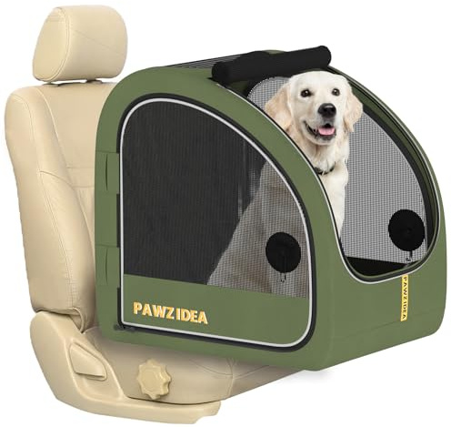 PAWZIDEA Tragbare Hundebox für Autoreisen, zusammenklappbare Haustier-Reiseboxen für mittelgroße und große Hunde bis zu 36,3 kg, geschlossene weiche Seiten-Autohütte für Rücksitz, sichert mit