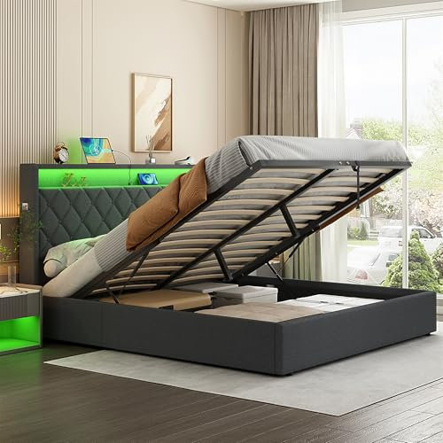 Upholstered Bed Frame with Hydraulic Lift and Button Tufted Storage Headboard, 5ft King Size Bed Frame with LED Lighting and Charging Station, Linen Functional Ottoman Storage Bed, No Mattress, Grey