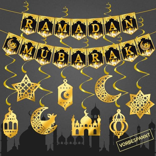 Sfoni Ramadan Girlande Vorbespannt Ramadan Deko Ramadan Mubarak Banner Eid Mubarak Dekoration Gold Stern Mond Laternen Girlande Wanddeko für Haus Islam Party Muslim
