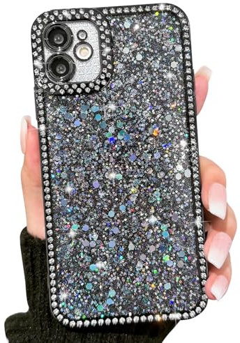 NITITOP Kompatibel mit iPhone 11 Hülle Glitzer Glänzend Pailletten Design für Mädchen Frauen Luxus Bling Kristall Diamantrahmen Voller Kameraschutz Stoßfeste Schutzhülle Handyhülle - Schwarz
