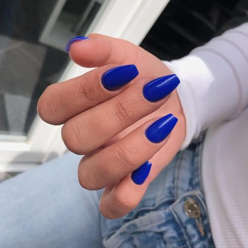 KQueenest Acrylic Press on Nails Short Medium Coffin, Royal Blue False Nails Short Ballerina, Glossy Natural Solid Color Fake Nails Set, Reusable Gel Stick on Nail for Women Finger Daily Wear 24 Pcs