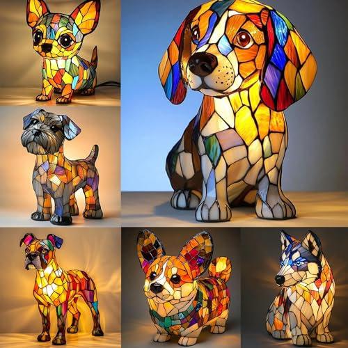 SAROZZTAL LED-Hundelampe Französische Bulldogge & Corgi Harzlampe, Retro Dog Stained Resin Table Lamp, Colorful Animal Figurines, Dog Series Art Night LightHaustier-Deko für Wohnzimmer (H)