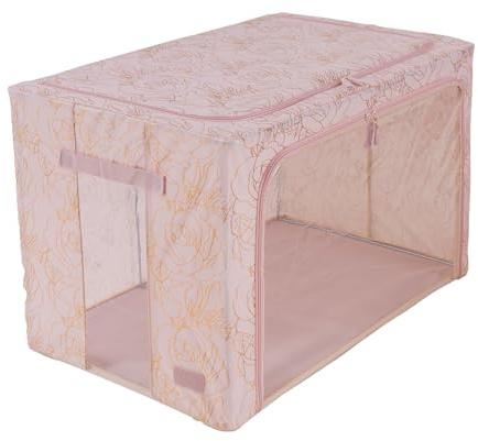Periea ‘Beau’ Folding Collapsible Stackable Fabric Home Storage Boxes with Steel Frames (Metallic Floral Blush, Jumbo)