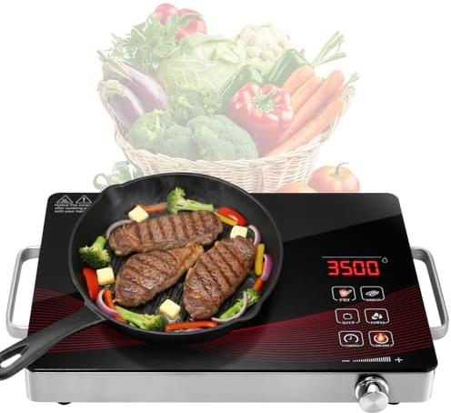 wowspeed Piano cottura in vetroceramica, 1 fuochi 3500W, piano cottura a induzione, piano cottura portatile da 20 cm, 4 modalità di cottura, timer da 3 ore, regolazione continua, comandi touch, 220V