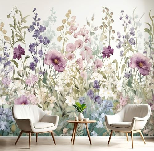 Fototapete Englischer Stil Garten Silk Tapeten Wandtapete, Aquarell Blumen Wanddeko Design Wand Dekoration Wohnzimmer Schlafzimmer Büro Flur 400 x 280cm (B x H) Wandtapete