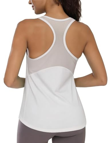 Wayleb Sportoberteil Damen Fitness Stabil Elastisch Schweißableitend Mesh Rückeneinsatz Top für Krafttraining HIIT Gym Sportshirt Weiß S-XXL