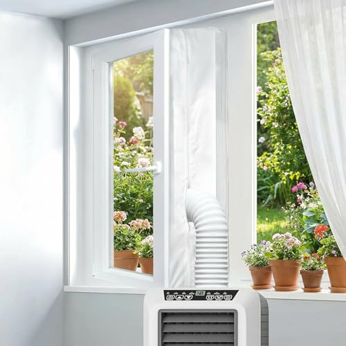 Qoosea Air Conditioner Window Seal Kit, 400cm Aircon Window Seal for Portable Air Conditioners & Tumble Dryer, Waterproof & Anti-Mosquito Air Exchange Guards with Zip and Velcro